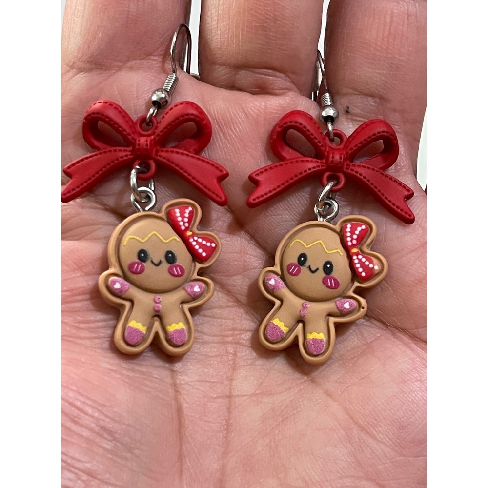Christmas Holiday Bow Gingerbread Cookie Earrings New